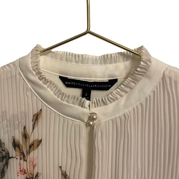 White House Black Market Floral Pleated High Collar Blouse Size 2 - Picture 3 of 8